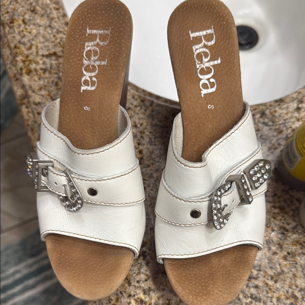 Reba White and Brown Mules with Textured Leather